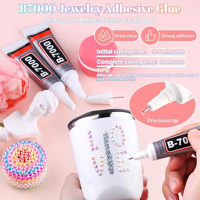 25000Pcs White ABRhinestones for Bedazzling with B7000 Jewelry Glue, Non Hotfix Flatback Gems, Crystal Resin Rhinestones for Crafting Crafts Clothing Tumblers Mugs Shoes Fabric Decor Nail Art