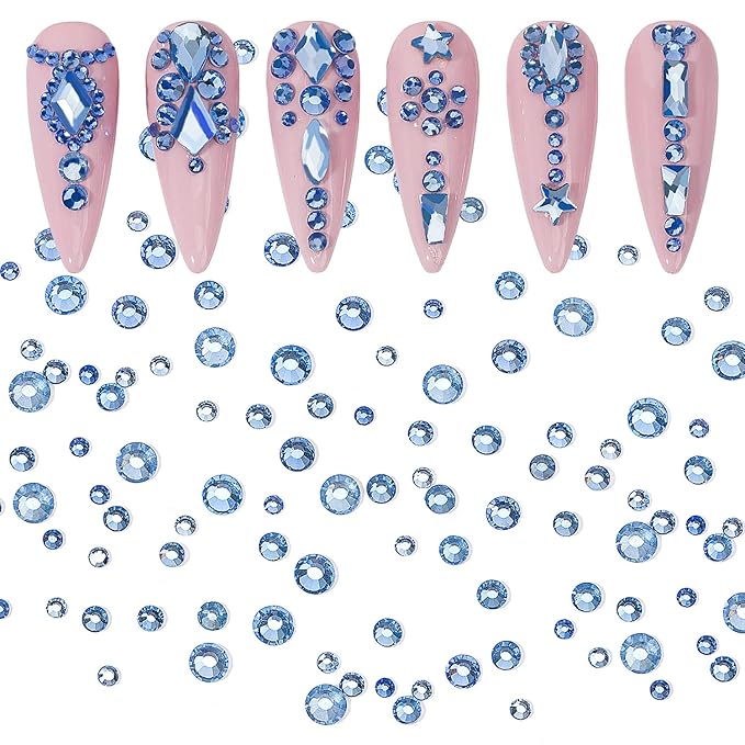 Nail Rhinestones - 4300pcs Light Blue Crystals, Multiple Shape Gems, Flat Back Rhinestones, with Kit and Glue Gel, for Nail Art Decoration
