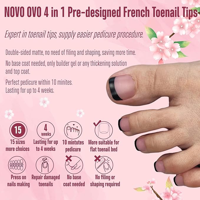 NOVO OVO Halloween Black French Tip Toe Nail Tips Press on, Soft Gel Toenail Extension, BERRY PINK Square Round Pre-applied Tip Primer & Base Coat, Full Cover Matte Nails for DIY x 15 Sizes 360Pcs