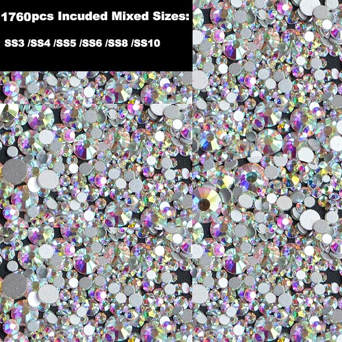 2000Pcs AB Crystal Rhinestones Set (1760pcs+240pcs), Round & Multi-Shape AB Glass Rhinestone, Flatback AB Crystals for Nails, Clothes, Face, Jewelry | Aurora Borealis