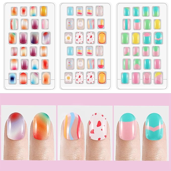Laza 72pcs Children Nails Press On Pre-glue Full Cover Gradient Blooming Color Mixing Rainbow Short False Nail Kits for Kids Teenager Girls - Blooming Rainbow