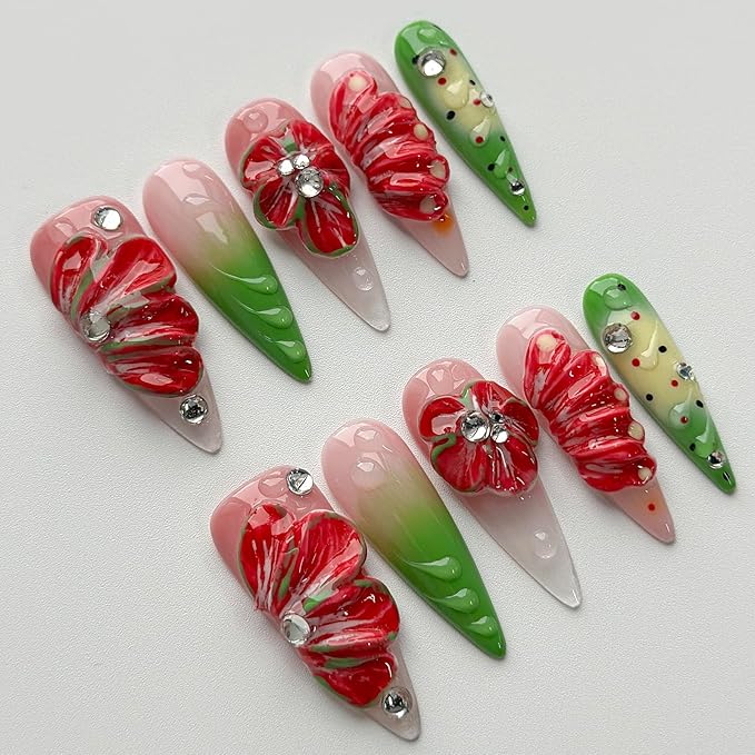 Luxury Press on Nails Long Stiletto Handmade 3D Unique Reusable ABS Material Fake Nails False Nails with Designs Red Floral Rhinestones Glossy Glue on Nail Thick Acrylic Nail(M)