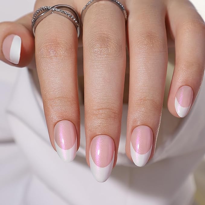 French Tip Press On Nails - White Almond Press On Nails, Short Fake Nail with Nail Glue, Artificial Nail 16 Sizes - 32Pcs Reusable Soft Gel False Nail Tips Kit,Stick On Nail for Women