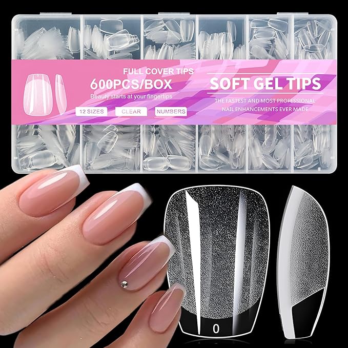 AddFavor 600pcs Short Coffin Nail Tips, Soft Gel Nail Tips x Short Ballerina Clear Fake Nails Full Cover Acrylic Nails Tips for Extension Nail Manicure Salon Home DIY