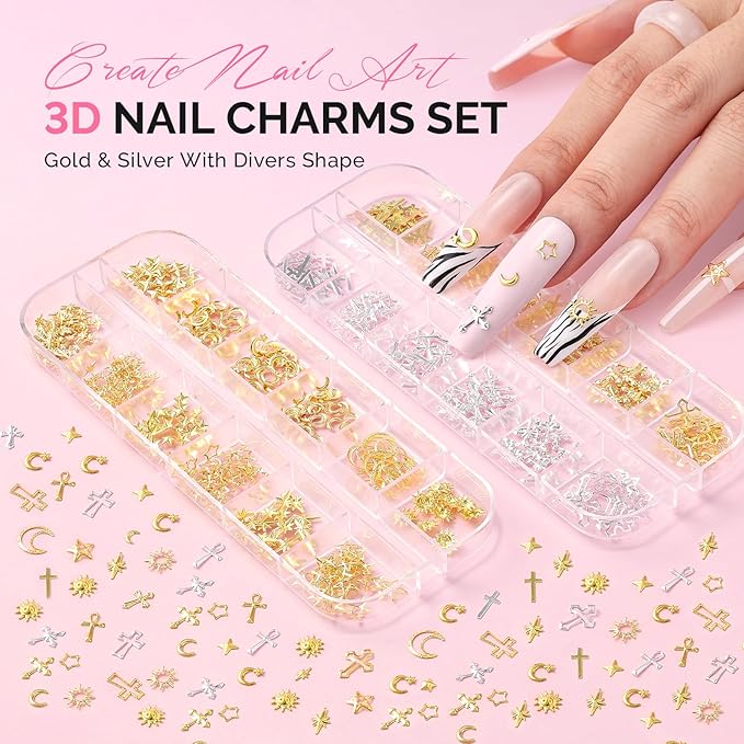 MelodySusie 3D Nail Charms and Gems, 2 Acrylic Boxes Golden Silver Include Alloy Star Sun and Cross Nail Art Studs With Tweezer Tools for Y2K Manicure Nails Design Supplies DIY Crafts Decoration