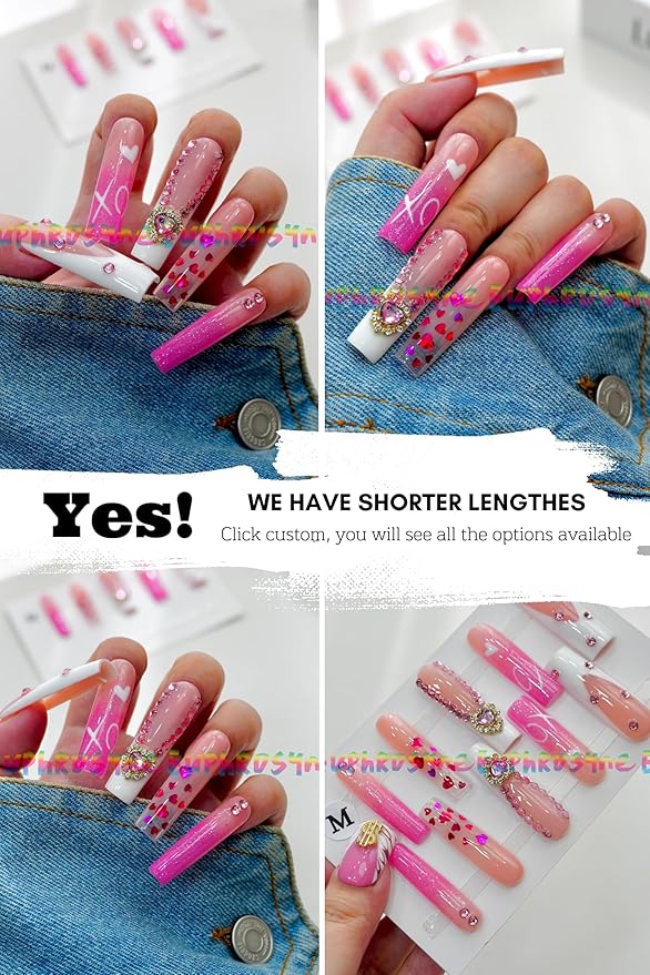 Pink Heart Press On Nails – 10PCS Long Square Fake Nails with Rhinestones, Glitter Hearts & 3D Flower Charms, Glossy Reusable Valentines Nails for Women and Girls – Euphrosyne
