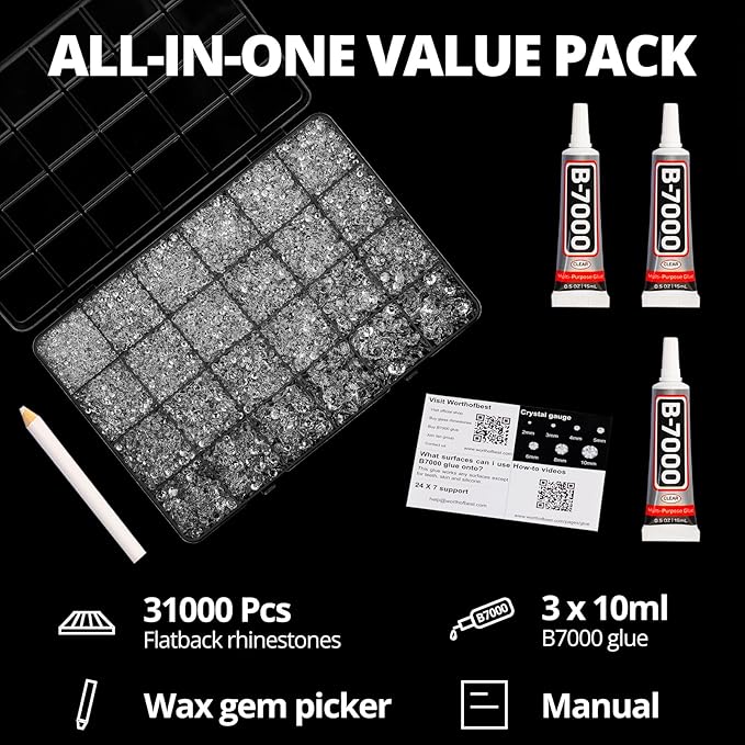 33000Pcs Clear Transparent Resin Rhinestones for Bedazzling, 2-6mm Mixed Sizes Clear Flatback Bedazzle Gems with B7000 Glue, Bedazzler Kit for Crafts Crafting Books Tumblers and More