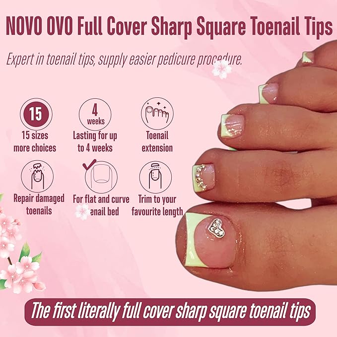 NOVO OVO Sharp Square Toe Nail Tips Press on Full cover, Soft Gel False Toenail Extension Kit, Clear Double Matte Long/Medium Wide Fake Toenails for Salon DIY Acrylic Pedicure x 15 Sizes 360 Pcs