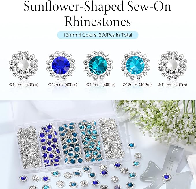 200 Pcs 12MM Sew on Rhinestones Mixed Colors Crystal Glass Metal Base Flower Shape, Flatback Rhinestones for Crafting, Sewing Accessories for Clothes and Shoes (Blue)