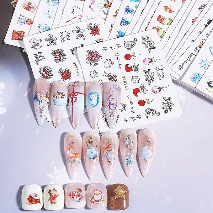24 Sheets Christmas Nail Stickers for Women Cute Nail Art Stickers Snowflake Snowman Elk Penguin Christmas Tree Water Transfer Nail Decals Winter Xmas Nail Sticker 3D Self-Adhesive Nail Art Supplies