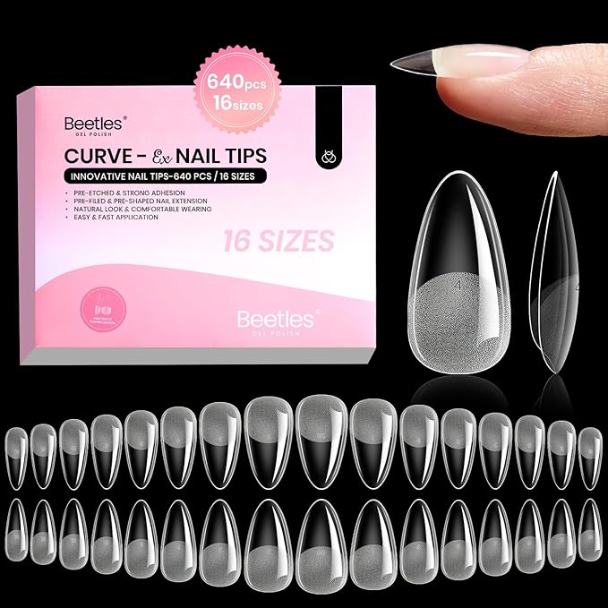 Beetles Gel Nail Tips Almond Shape Medium Curve-EX, 640pcs 16 Sizes, Etch-X Half Matte Full Cover Soft Acrylic False Nail Tips Easy DIY Press on Nail Extension Art Salon for Curved & Natural Nail Beds