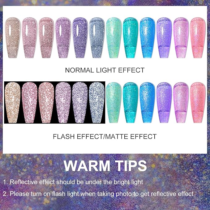 MTSSII Reflective Glitter Gel Polish Set, 12 Colors Gel Nail Polish Set Nails Gel Blue Hot Pink Purple Soak Off Uv Led Gel Nail Polish Kit Nail Gift for Her