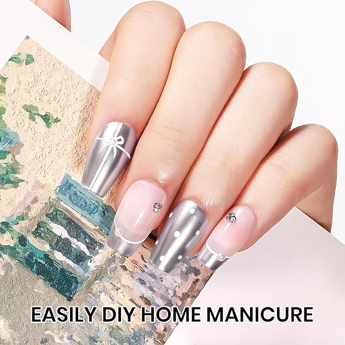 Silver Metallic Nail Polish Quick Dry Mirror Nail Polish Non Gel High Glossy Nail Lacquer Air Dry Chrome Nails Polishes Oil-based Holo Fingernail and Toenail