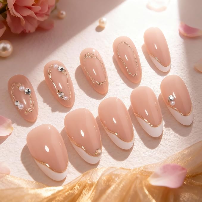 evpct Nude 3D Press on Nails Short Almond, White French Tip Nail Short Almond with Gold Line Design, Glossy Stick on Nails for Women Gift, Reusable Full Cover Soft Gel Press on Fake Nail with Design