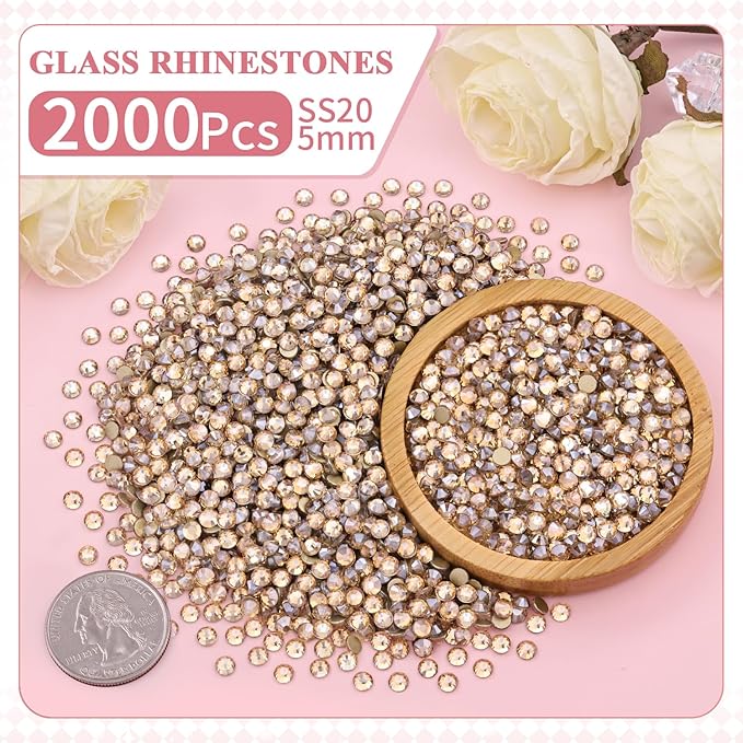 2000PCS SS20/5mm Crystal Rhinestones (Golden Shadow/Champagne), Bedazzling Flatback Glass Rhinestones for Crafting, Gems Diomand for Tumbler Shoes Clothing Nail Art
