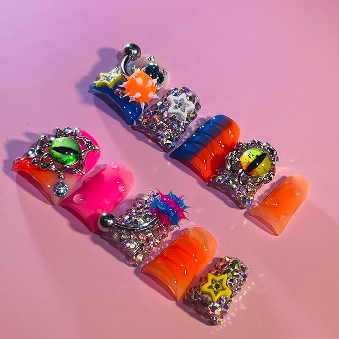 10 Pieces Luxury Acrylic Y2K Press On Nails Short Handmade Duck Nails, Nightmare Eye And Barbell 3D Nail Charms, Orange Thickened False Nails, Reusable Acrylic Nails (S)