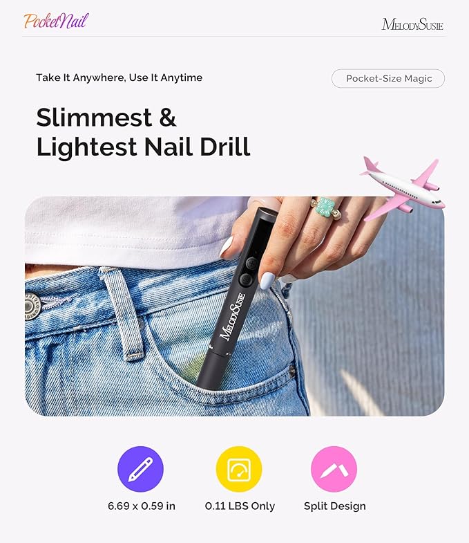 MelodySusie PocketNail Pen-Shaped Cordless Modular Nail Drill, PC100GR 20000RPM Slim Portable Rechargeable Electric File for Manicure Pedicure Nail Care, Shaping & Gel Removal at Home for Beginners