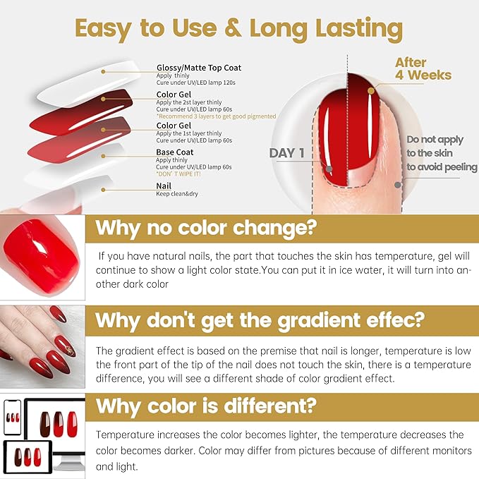 YTD Likomey Color Changing Gel Nail Polish,15ml Red To Brown Mood Temperature Change Colors Ombre Thermal Salon Home Nail Art Manicur Fall Winter UV Color Varnish,WB14