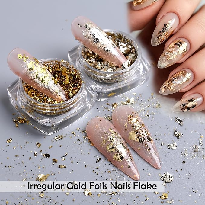 8 Bottles Gold Flakes Nail Glitter Foils Metallic Gold Silver Black Rose Golden Foil Nail Sequins 3D Irregular Ultra-Thin Aluminum Nail Art Flakes Designs Shiny Gold Leaf for Nails Decoration
