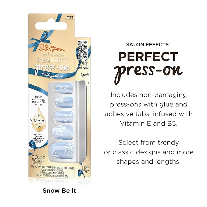 Sally Hansen Salon Effects Perfect Press-On Holiday, Snow Be It, Press On Nails, Easy to Apply, Nail Glue & Adhesive Tabs Included