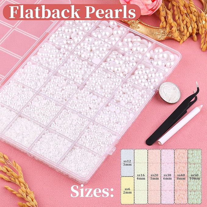11000Pcs Flatback Pearls for Crafting (White), Assorted Size 2/3/4/5/6/8/10mm Non Hotfix Half Pearl, Bedazzling Bead for DIY Crafts Clothing Tumblers Mugs Shoes Fabric Embellishment Nail Art Makeup