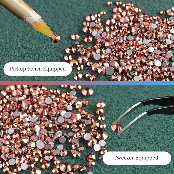 6 Sizes Rose Gold Glass Crystal Kit with Pickup Pen + Tweezer Tools for Shine Nail Art Manicure Makeup DIY Decoration Flatback Round Rhinestone Gem Jewelry Diamond