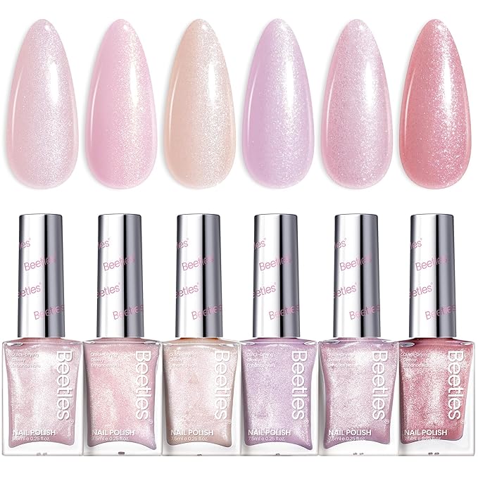 Beetles Pink Nail Polish Set, 6 Colors Glitter Quick Dry Nail Polish Kit Sly Moonlit Fairy Fingernail Polish Gifts for Women Salon DIY Valentines Nails