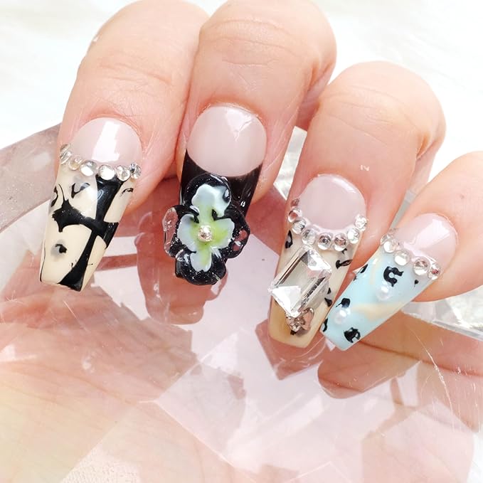 Press On Nails, Long Ballerina Style with 3D Flowers and Crystals, Black and Yellow Design, Handmade False Nail 10 Pieces (Large,LB)