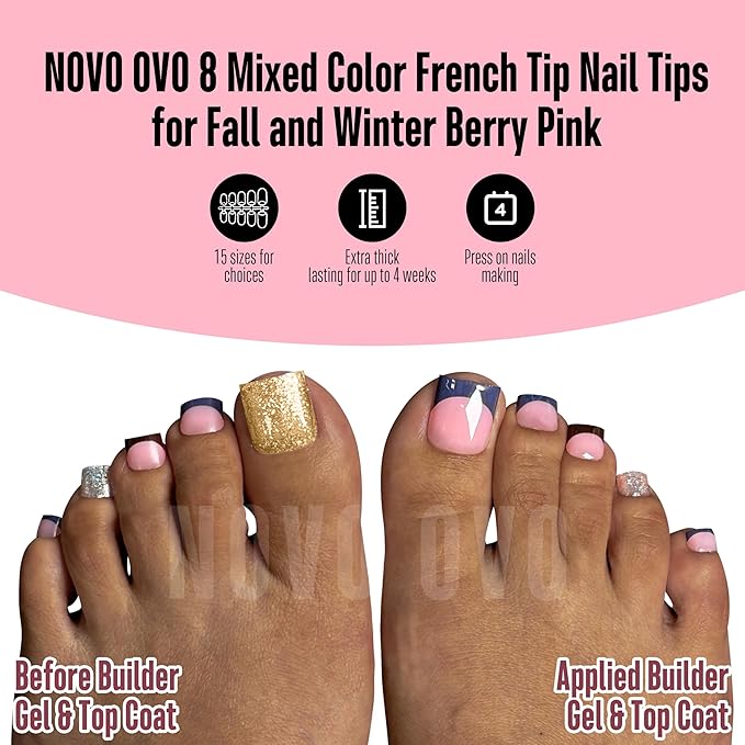 NOVO OVO Halloween Christmas Fall Autumn Colorful French Tip Toe Nail Tips Press on 8 MIXED WINTER COLOR, Sharp Square Toenail BERRY PINK Toenail Extension, Full Cover Acrylic DIY x 15 Sizes 240 pcs