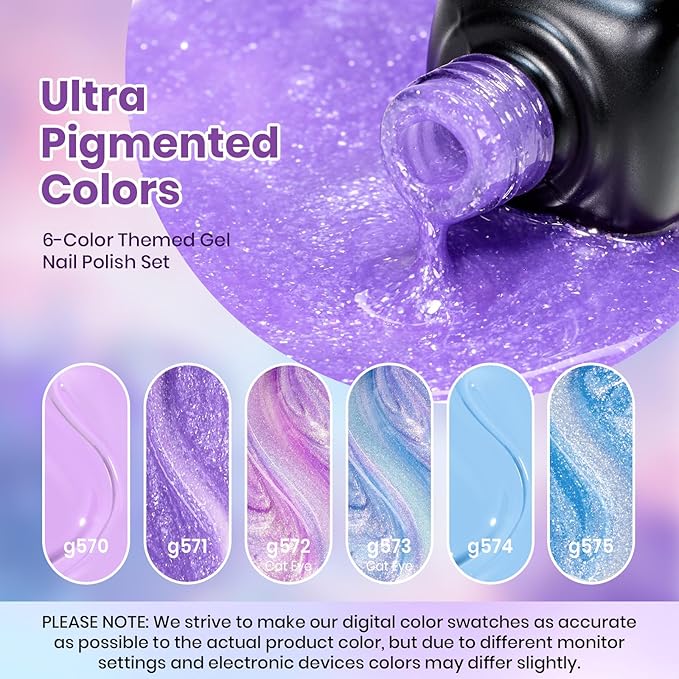 Beetles Spring Gel Polish Set - Dreamscape Wander 6 Colors Baby Purple Blue Glitter Shimmer Cat Eye Gel Polish Soak Off UV LED Nail Gel Home Easter Gifts for Women Manicure DIY Nail Art