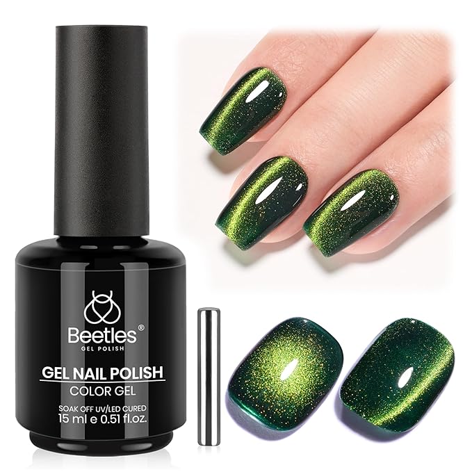 Beetles Forest Flame Green Cat Eye Gel Nail Polish - 15ML Green Cat Eye Gel Polish Glitter Magnetic Translucent Glassy Effect Soak Off UV French Nail Art DIY Manicure Stpatrick Gifts for Women
