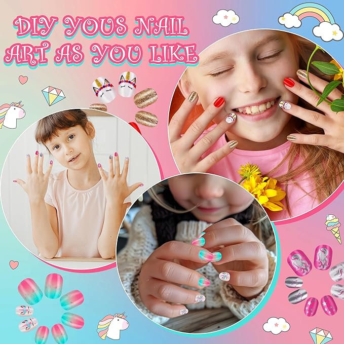 Rain Bingo 72 Pieces False Nails Press on Nails for Kids- Unicorn Short Fake Artificial Full Cover Nail Art Kits Transation with Nail Glue Tabs for Girls Children