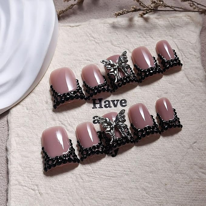 10Pcs Handmade Press on Nails Medium Fake Nails Duck French Tip Nails Press Ons Sparkly Artificial Acrylic Black Rhinestone and Butterfly Design Reusable Stick on Nail for Women (Size M)