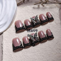 10Pcs Handmade Press on Nails Medium Fake Nails Duck French Tip Nails Press Ons Sparkly Artificial Acrylic Black Rhinestone and Butterfly Design Reusable Stick on Nail for Women (Size M)