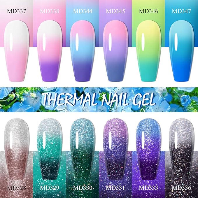 Color Changing Gel Nail Polish Set 12 Colors Temperature Mood Changed Glitter Pink Purple Soak Off UV/LED Nail Art Design Kit Manicure Gifts for Women Girls 8ml