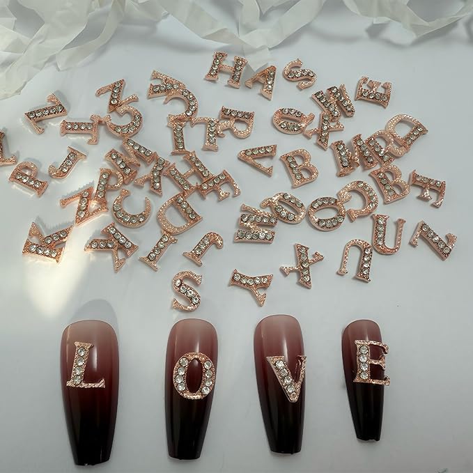 52 Pcs 3D Rose Gold Nail Charms Letters Initial Charms for Nails Nail Letter Charms Alphabet Rhinestone Letter Nail Charms for Nail Art Design Decoration DIY Craft