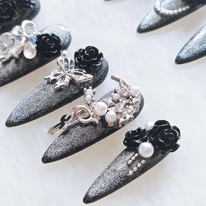 Luxury Long Stiletto Press-On Nails, 3D Black Roses with Silver Glitter, Pearl and Rhinestone Decorations, Handmade False Nail 10 Pieces (Medium, LS)