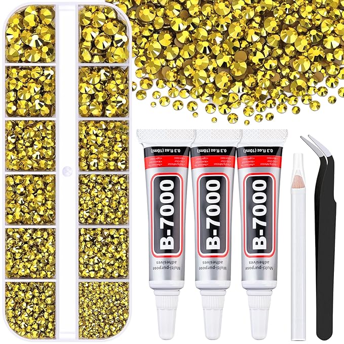 6000Pcs Resin Rhinestones for Bedazzling with 3Pcs B7000 Jewelry Glue, 1 Box Bright Gold Flatback Rhinestones for Crafting Crafts DIY, Crystals Gems for Clothing Shoes Tumblers Nail Art Makeup