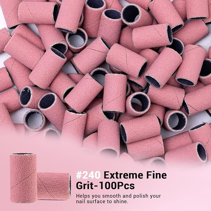 MelodySusie 100 Pcs Nail Drill Bits Sanding Bands for Nail Drill 240 Extreme Fine Grit Nail File Sanding Bands for Acrylic Nails Gel Manicures and Pedicure, Pink