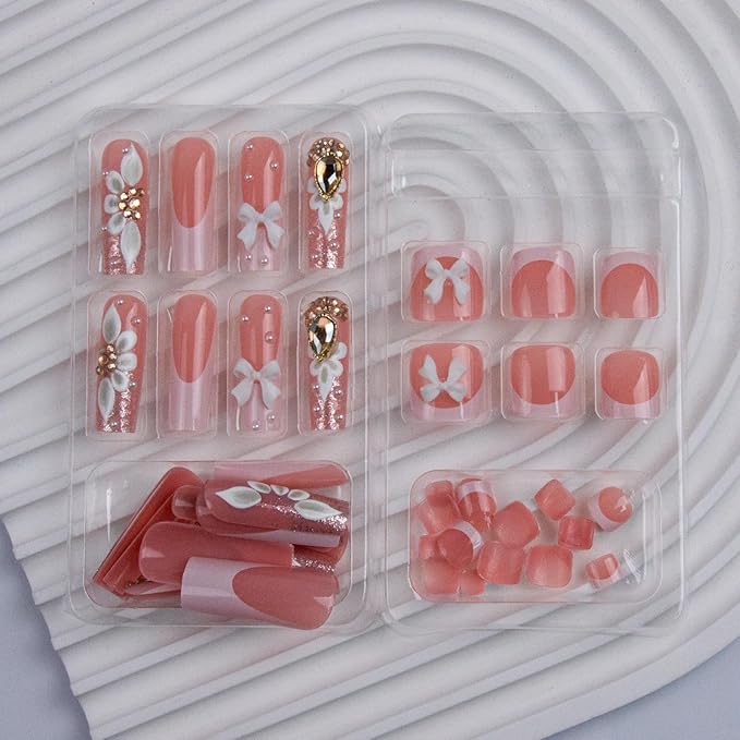 48Pcs Square Press on Nails Medium & Press on Toenails Set, French Tip Fake Nails with White Bow Flowers Designs Short Press on Toe Nails Full Cover Glue on Nails for Women Manicure Kit
