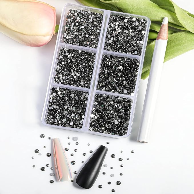 Beadsland 7200pcs Flatback Rhinestones,Gray Rhinestone Nail Gems Round Crystal Rhinestones for Crafts,Mixed 6 Sizes with Wax Pencil Kit, SS3-SS10,Black Diamond
