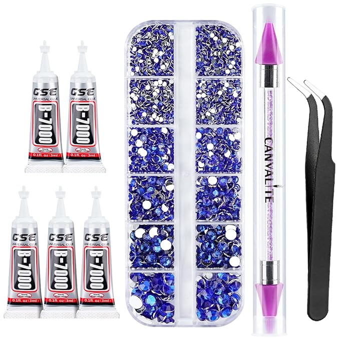 Canvalite 1500PCS Blue Rhinestones Flat Back Gems, Nail Rhinestones Nail Art Gems with Pick Up Tweezers and Rhinestone Picker Dotting Pen, Nail Art Tools for Nails, Clothes, Face, Craft…