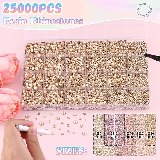 25000Pcs Champagne Rhinestones for Bedazzling with B7000 Jewelry Glue, Non Hotfix Flatback Gems, Crystal Resin Rhinestones for Crafting Crafts Clothing Tumblers Mugs Shoes Fabric Decor Nail Art