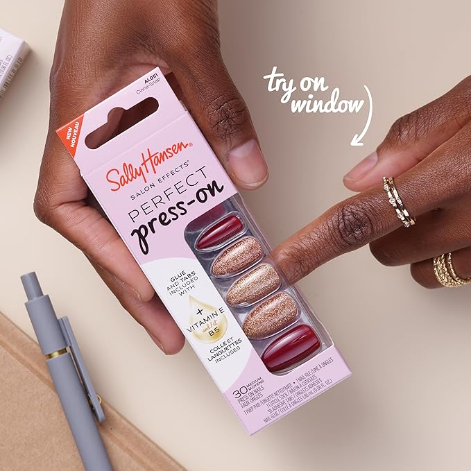 Sally Hansen Salon Effects Perfect Press-On Nails | Almond Shape | Easy to Apply, Non-Damaging | 30 Nails, Nail Glue, Adhesive Tabs, File | Cinna-Snap
