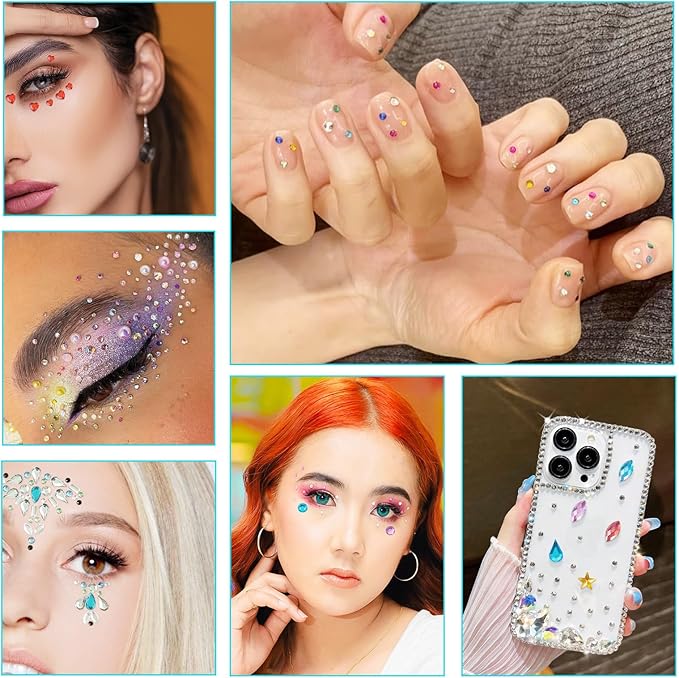 Craftdady 12 Sheets Resin Rhinestone Stickers Heart Teardrop Flower Star Stick On Face Gems Stick On Nail Body Resin Beads for Halloween Makeup Nail Art Wedding Scrapbook