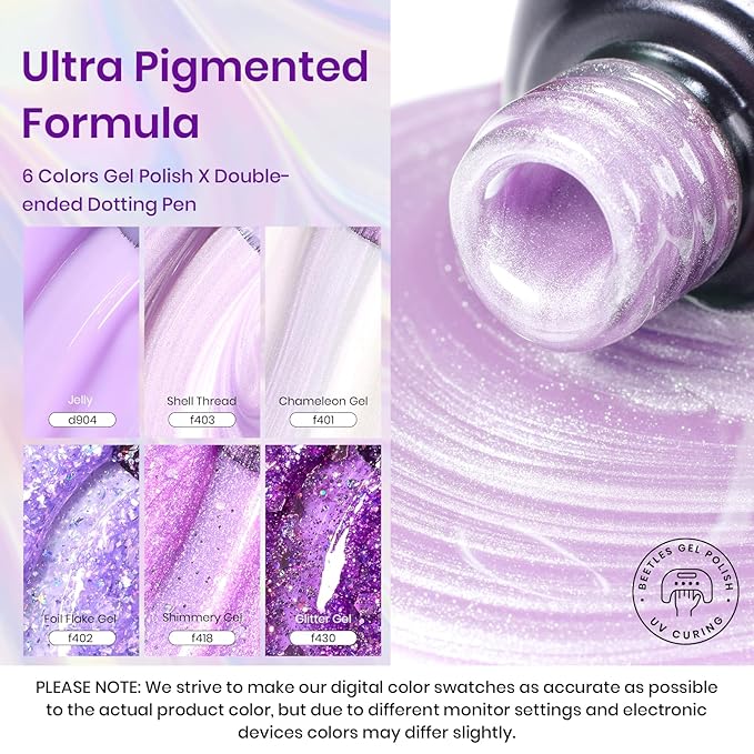Beetles Purple Gel Polish Set - 6 Color Purple Shimmer Pearl Jelly Gel Polish with Nail Brush Soak Off LED Lamp Swirl Shell Thread Effect DIY Manicure Spring Gifts for Mom