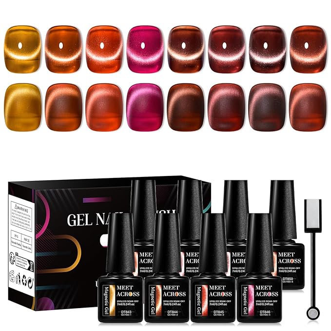 MEET ACROSS Amber Magnetic Gel Polish, Jelly Crystal Cat Eye Gel Nail Polish, Translucent Wine Red Brown Soak Off UV LED Gel Nail Salon Home Manicure Gel Polish