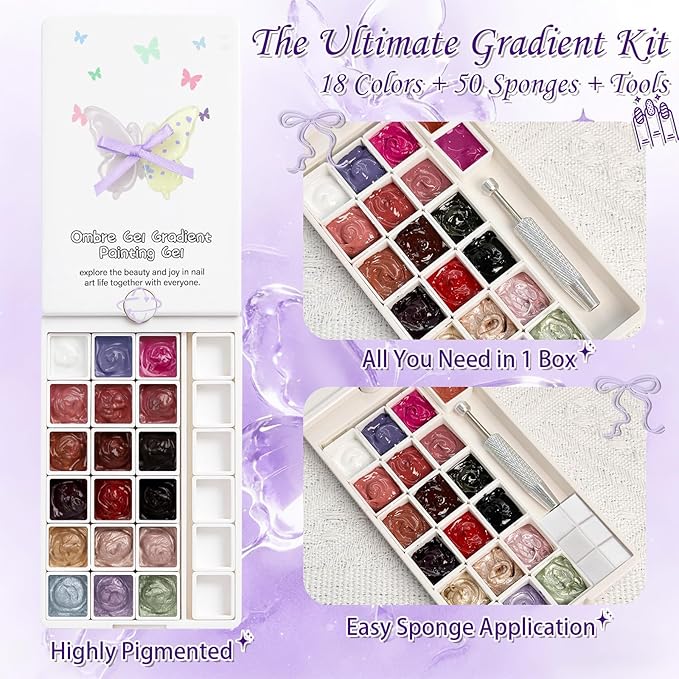 18 Colors Patting Gel Polish & Tools Kit - Pat Pat Gel Polish Palette for Ombre Nails，UV/LED Cured Gradient Blooming Manicure Kit DIY with Nail Sponges & Tools