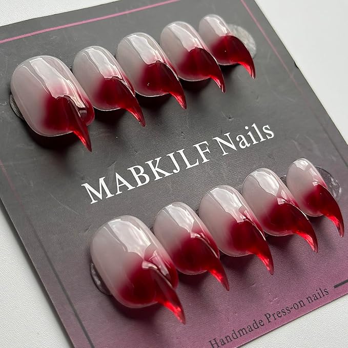Halloween Press on Nails Luxury Short Stiletto Handmade Cat Claw Unique Reusable ABS Material Red Fake Nails Eagle Claw False Nails Gradient Glossy Glue on Nail Curved Thick Acrylic Nail(M)