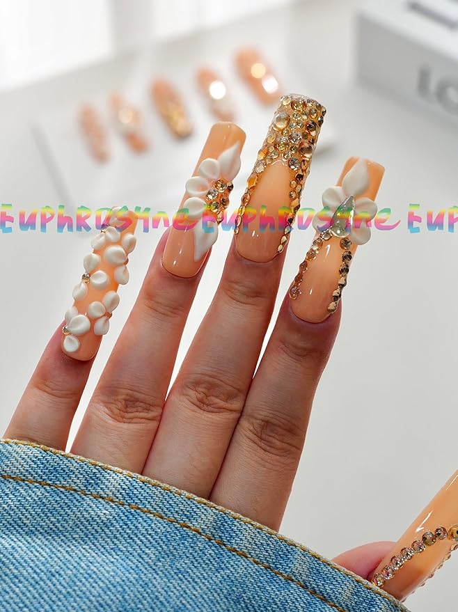 Euphrosyne Nude Pink Long Press On Nails – 10pcs Handmade Fake Nails with Rhinestones & 3D Flowers | Bridal Wedding Party Gifts